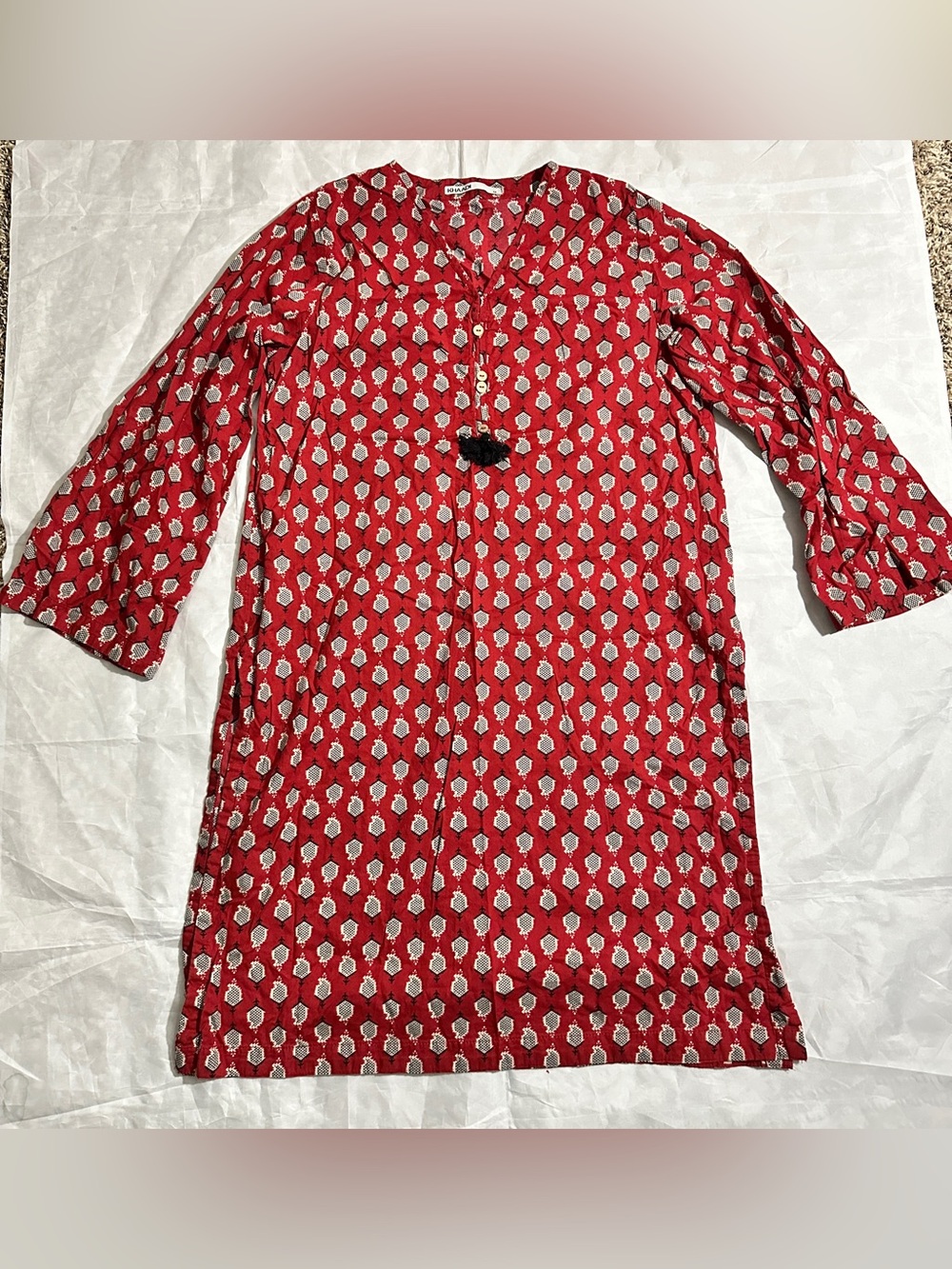 Red Printed Long Sleeve Tassel Tunic Dress